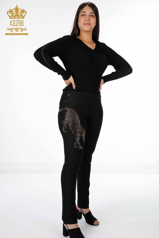 All'ingrosso Pantaloni da Donna - Leopardo Dettaglio - Pietre Ricamate - Tasche - 3454 | KAZEE