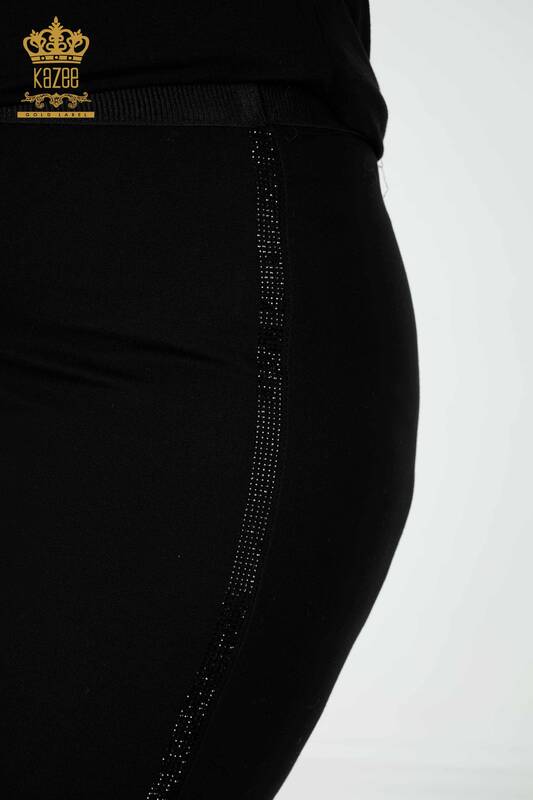 All'ingrosso Pantaloni leggings da donna - Striscia Pietra di cristallo ricamata - Nero - 3462 | KAZEE