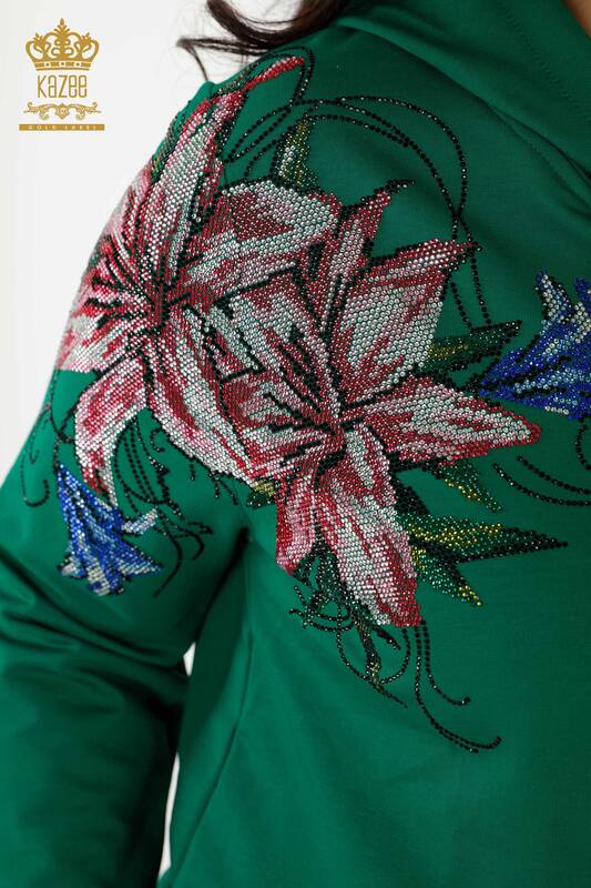 Set tuta da donna all'ingrosso - Motivo floreale colorato - Verde - 17499 | KAZEE