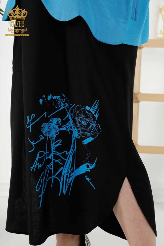 Vendita all'ingrosso Abito camicia da donna - Motivo floreale - Nero blu scuro - 20367 | KAZEE
