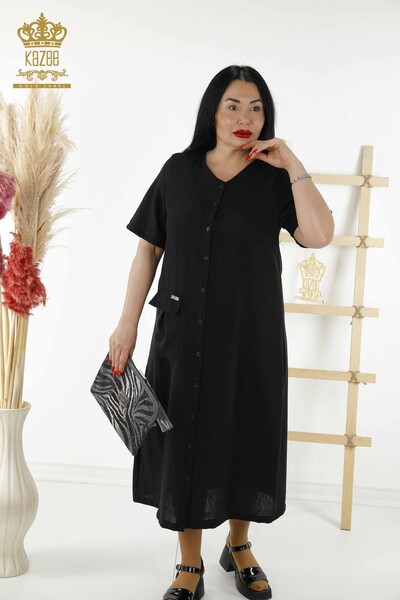 Bottone all'ingrosso del vestito delle donne dettagliato nero - 20383 | KAZEE - Thumbnail