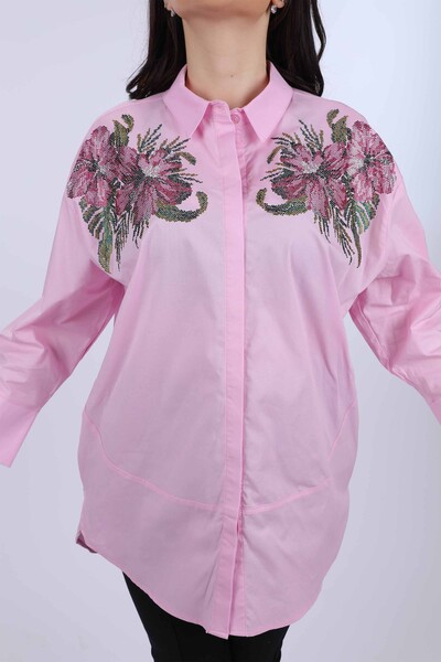 قميص نسائي كتف نسائي مزين بالزهور بأحجار ملونة - 20024 | كازي - Thumbnail