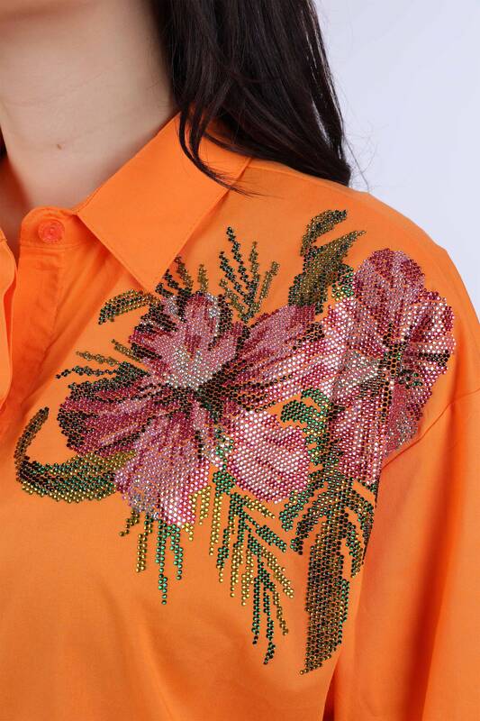 قميص نسائي كتف نسائي مزين بالزهور بأحجار ملونة - 20024 | كازي