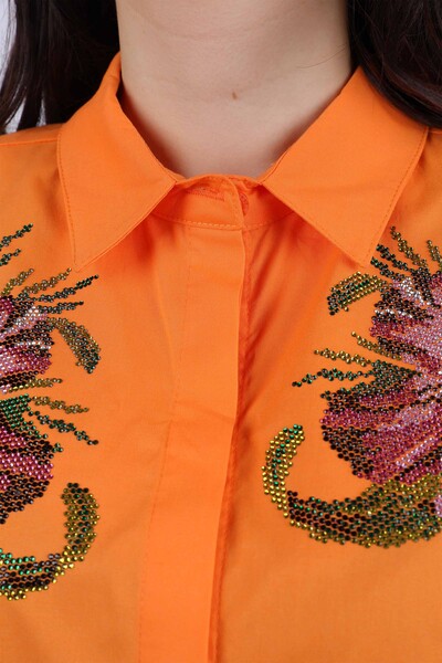 قميص نسائي كتف نسائي مزين بالزهور بأحجار ملونة - 20024 | كازي - Thumbnail