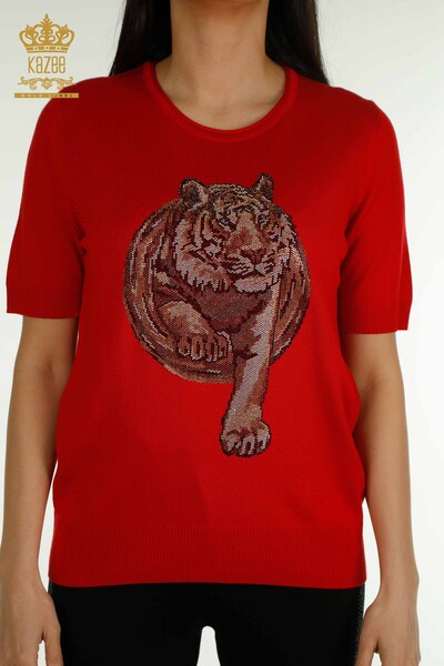 سترة تريكو نسائية بالجملة مطرزة بحجر النمر الأحمر - 30747 | كازي - 2