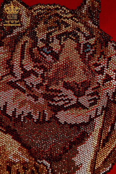 سترة تريكو نسائية بالجملة مطرزة بحجر النمر الأحمر - 30747 | كازي - Thumbnail