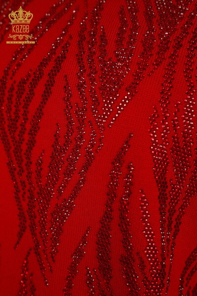 سترة تريكو نسائية بالجملة أحمر مع تطريز حجر الكريستال - 30332 | كازي - Thumbnail