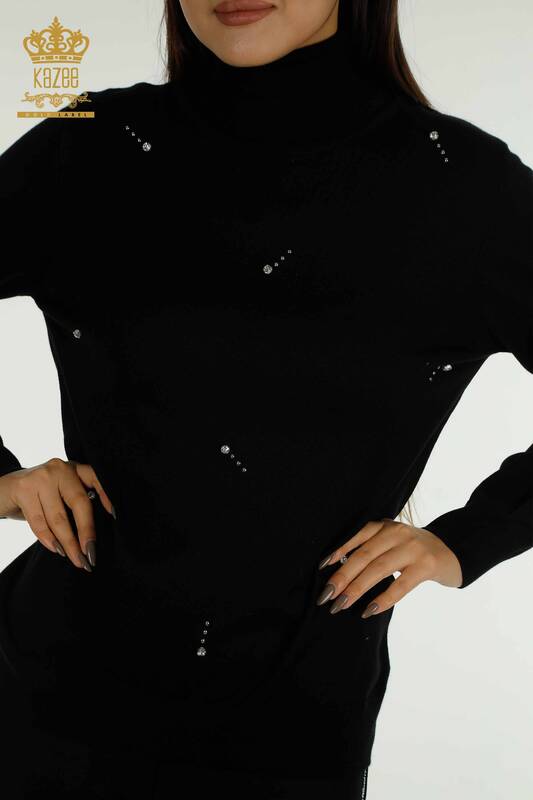 ملابس تريكو نسائية بالجملة باللون الأسود مع تفاصيل الحجر - 30113 | كازي