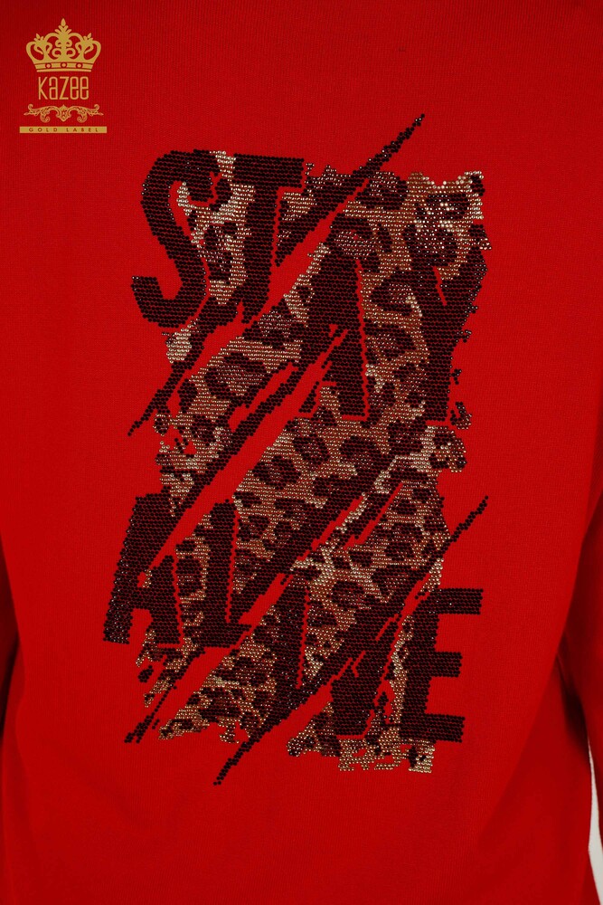 طقم رياضي نسائي بالجملة أحمر مع تطريز حجري - 16677 | كازي - 12