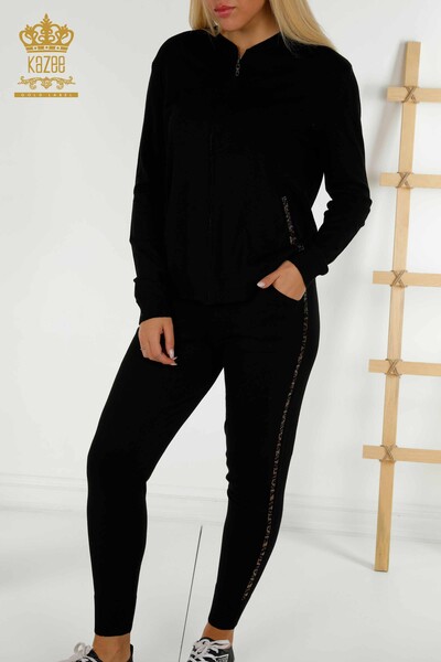 طقم رياضي نسائي بالجملة أسود مع تطريز حجري - 16677 | كازي - 3