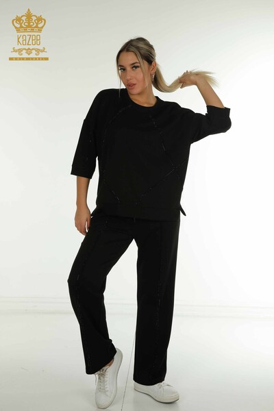 طقم رياضي نسائي بالجملة أسود مع تطريز حجري - 17657 | كازي - Kazee