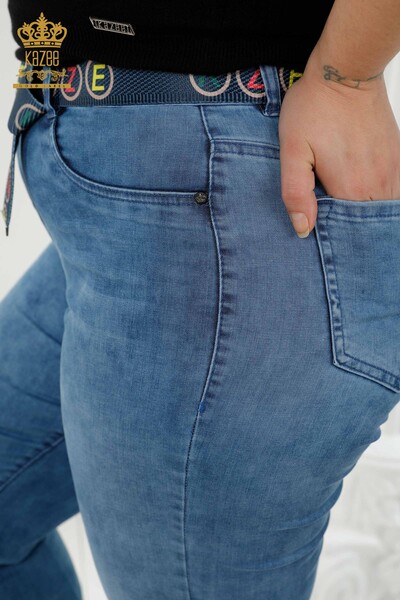 بنطلون جينز نسائي - ازرق مع حزام - 3681 | kazee - Thumbnail