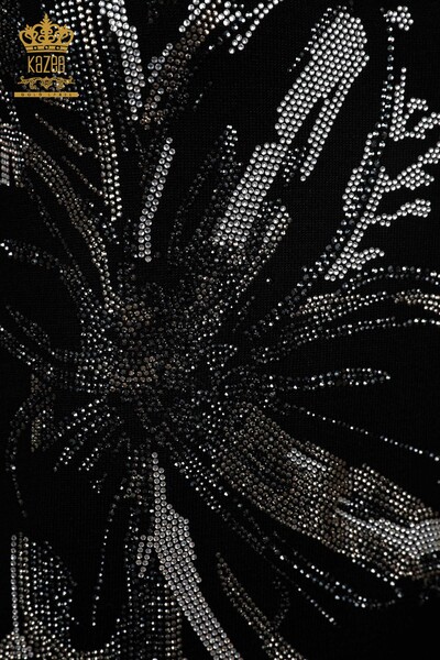 سترة نسائية تريكو ستوني بأكمام قصيرة بنمط زهور - 16907 | كازي - Thumbnail