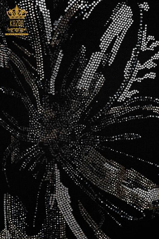 سترة نسائية تريكو ستوني بأكمام قصيرة بنمط زهور - 16907 | كازي