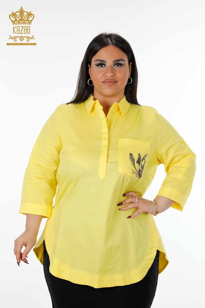 Kazee - قميص نسائي للبيع بالجملة مع جيب مطرز بنمط مطرز بالحجر الملون - 20127 | كازي