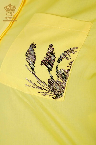 قميص نسائي للبيع بالجملة مع جيب مطرز بنمط مطرز بالحجر الملون - 20127 | كازي - Thumbnail (2)
