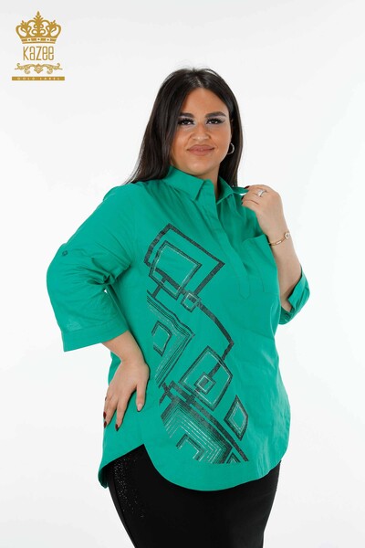 قميص حريمي مزخرف بأحجار الكريستال قطن مطرز - 20125 | كازي - Thumbnail