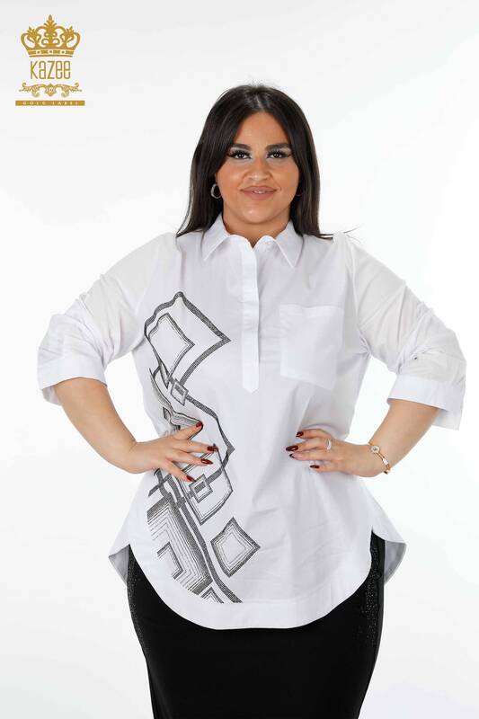 قميص حريمي مزخرف بأحجار الكريستال قطن مطرز - 20125 | كازي