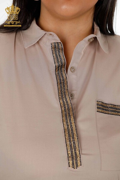 قميص نسائي - قطن مطرز بالحجر الملون - 20075 | كازي - Thumbnail