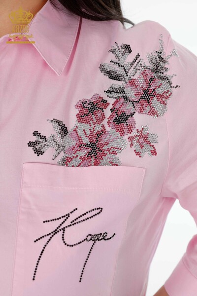 قميص نسائي بالجملة مطرز بجيب مطرز بتفاصيل حجر ملون مطرز - 20112 | كازي - Thumbnail