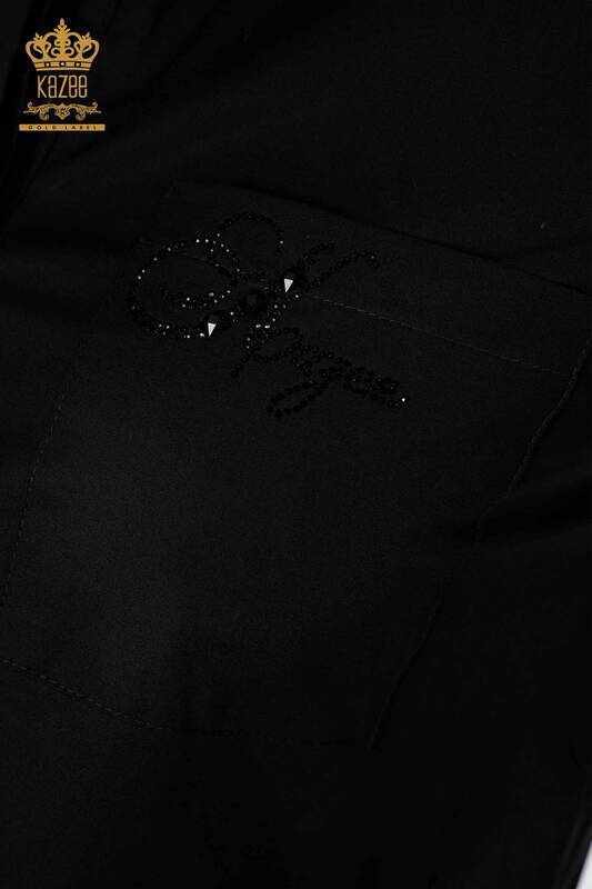 قميص نسائي بالجيب مفصل باللون الأسود بالجملة - 20139 | كازي