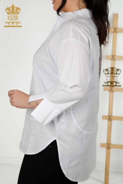 قميص نسائي بالجملة مطرز ستون أبيض - 20031 | كازي - Thumbnail