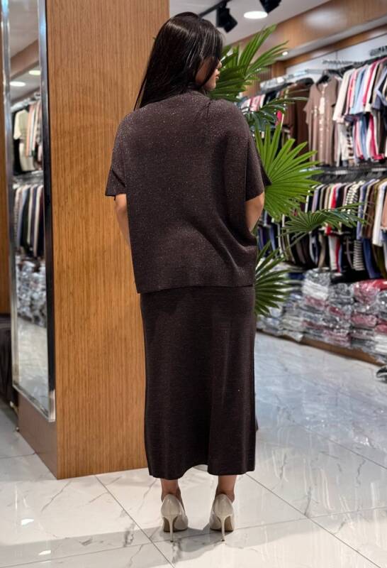 KADIN MİDİ BOY SİMLİ TRİKO ETEK KAHVE - 2
