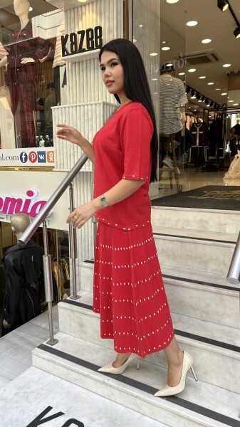 Kadın Trıko Etek Puantıyelı KIRMIZI - Kazee