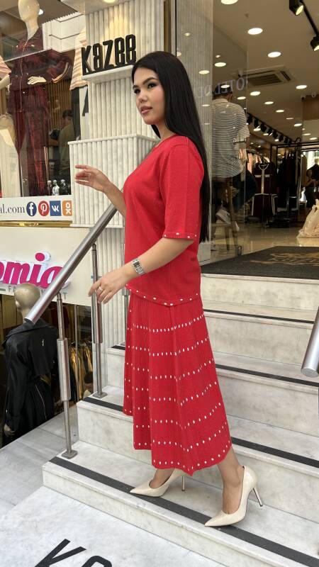 Kadın Trıko Etek Puantıyelı KIRMIZI - 1