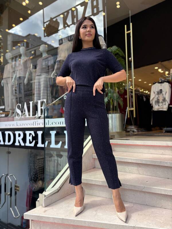 KADIN TRİKO SİMLİ TAYT PANTOLON LACİVERT - 6