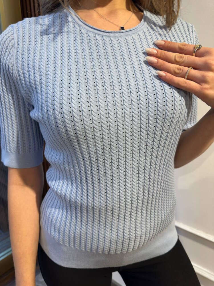 كنزة صوفية محبوكة - كم قصير - أزرق - 32062 | كازي (طقم من 3 قطع M-L-XL) - 5