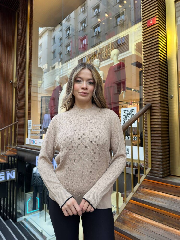 كنزة صوفية محبوكة - ياقة واقفة - بيج - 32101 | كازي (مجموعة من 3 قطع M-L-XL) - 1