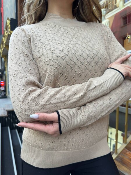 كنزة صوفية محبوكة - ياقة واقفة - بيج - 32101 | كازي (مجموعة من 3 قطع M-L-XL) - 2