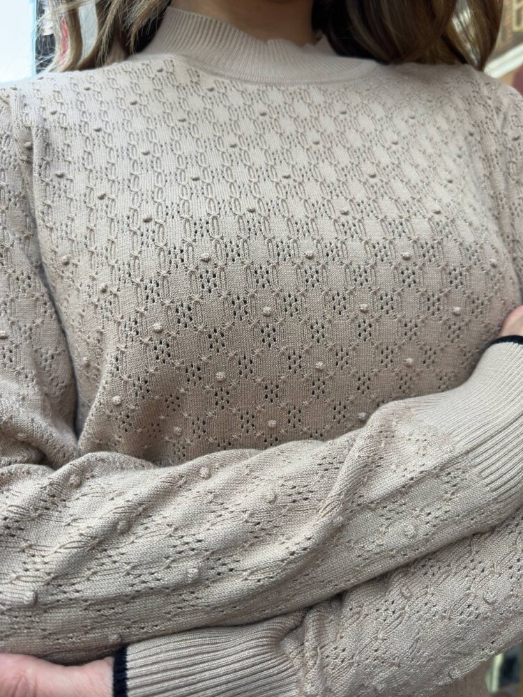 كنزة صوفية محبوكة - ياقة واقفة - بيج - 32101 | كازي (مجموعة من 3 قطع M-L-XL) - 3