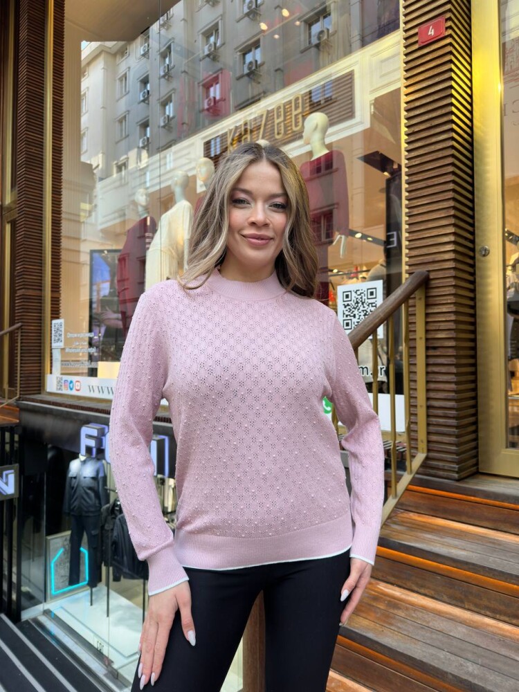 كنزة صوفية بياقة واقفة بلون البودرة - 32101 | كازي (مجموعة من 3 قطع بمقاسات M-L-XL) - 1