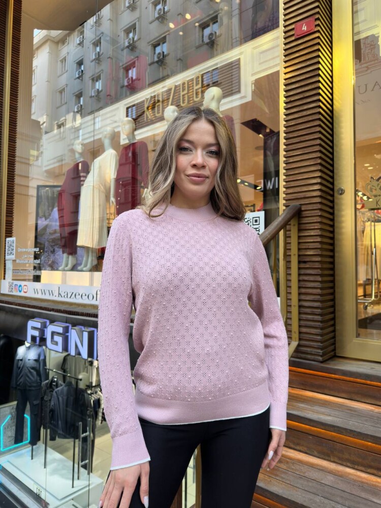 كنزة صوفية بياقة واقفة بلون البودرة - 32101 | كازي (مجموعة من 3 قطع بمقاسات M-L-XL) - 3