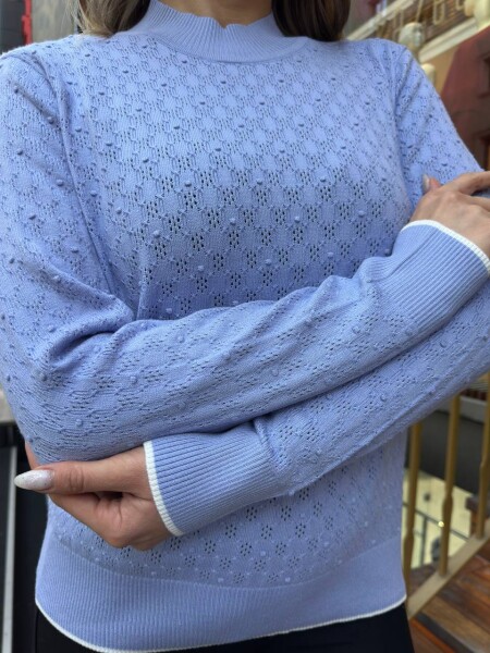 كنزة صوفية محبوكة، بياقة عالية، أزرق - 32101 | كازي (طقم من 3 قطع M-L-XL) - 5