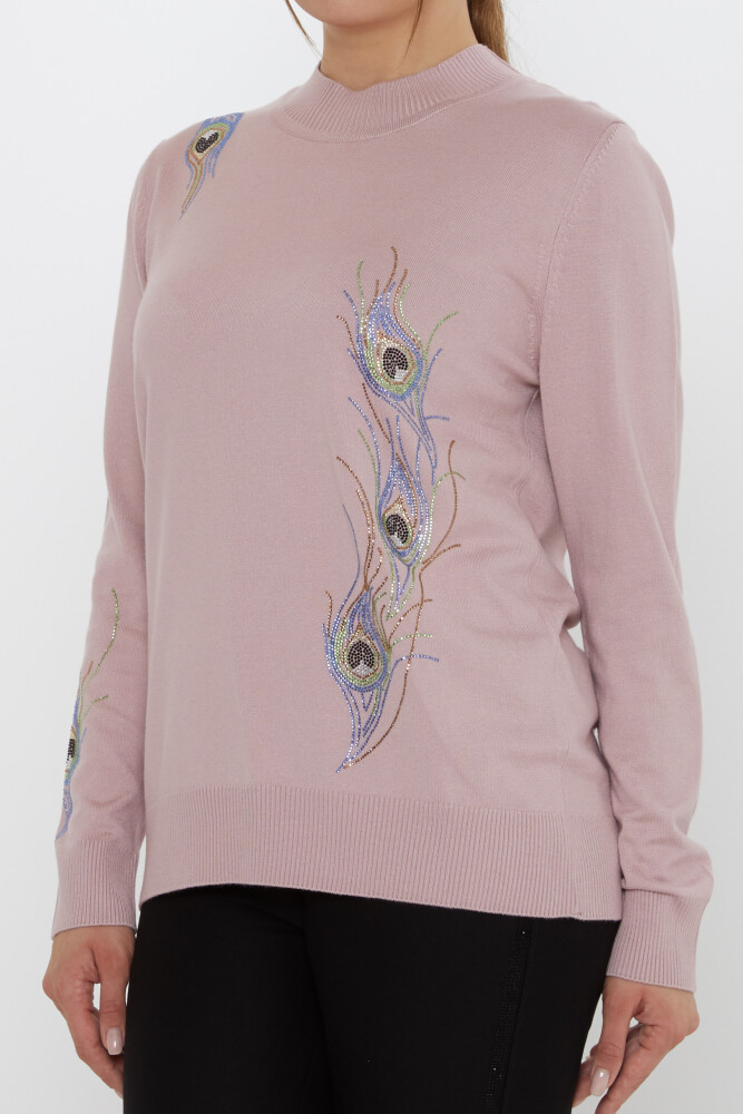 كنزة صوفية ملونة محبوكة مزينة بأحجار، لون وردي فاتح - 31775 | كازي (طقم من 3 قطع L-XL-2XL) - 4