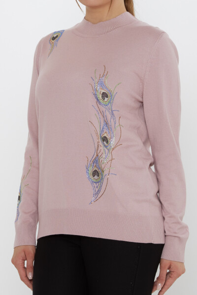 كنزة صوفية ملونة محبوكة مزينة بأحجار، لون وردي فاتح - 31775 | كازي (طقم من 3 قطع L-XL-2XL) - 4