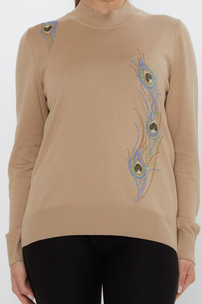 كنزة صوفية محبوكة مزينة بأحجار ملونة، بيج - 31775 | كازي (طقم من 3 قطع L-XL-2XL) - 3