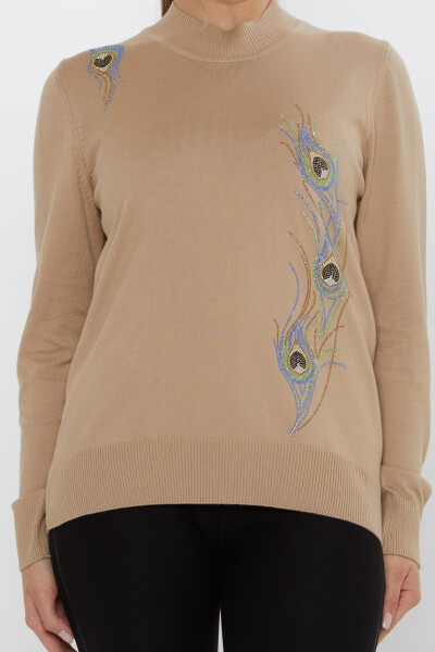 كنزة صوفية محبوكة مزينة بأحجار ملونة، بيج - 31775 | كازي (طقم من 3 قطع L-XL-2XL) - 3