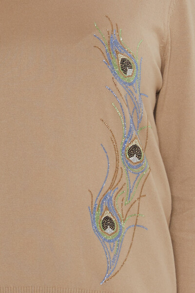 كنزة صوفية محبوكة مزينة بأحجار ملونة، بيج - 31775 | كازي (طقم من 3 قطع L-XL-2XL) - 4