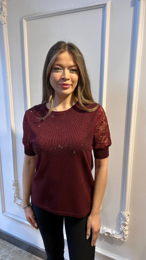 كنزة محبوكة - بتفاصيل من التول - أحمر - 31412 | كازي (مجموعة من 4 قطع بمقاسات M-L-XL-2XL) - 1
