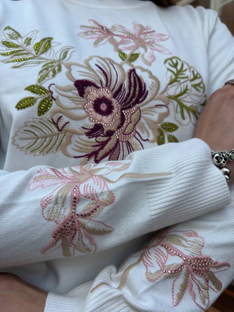 كنزة محبوكة بتطريز زهري، لون بيج فاتح - 32088 | كازي (طقم من 3 قطع، مقاسات M-L-XL) - 4