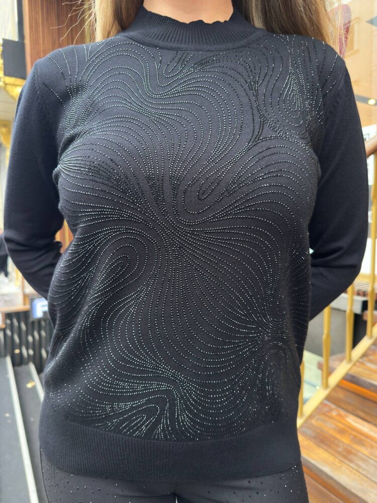 كنزة صوفية سوداء مزينة بالأحجار - 32065 | كازي (طقم من 3 قطع L-XL-2XL) - 5