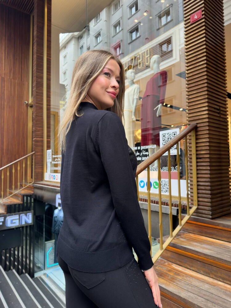 كنزة صوفية سوداء مزينة بالأحجار - 32065 | كازي (طقم من 3 قطع L-XL-2XL) - 6