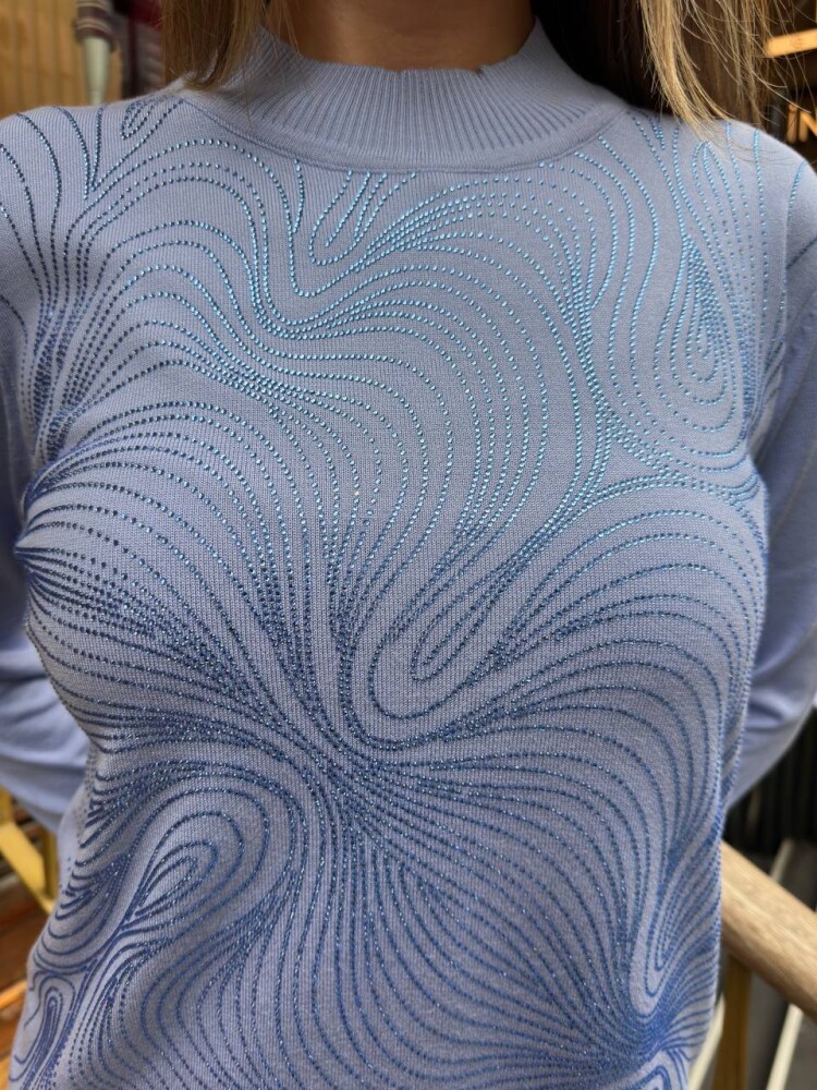 كنزة صوفية زرقاء مزينة بالأحجار - 32065 | كازي (طقم من 3 قطع L-XL-2XL) - 4