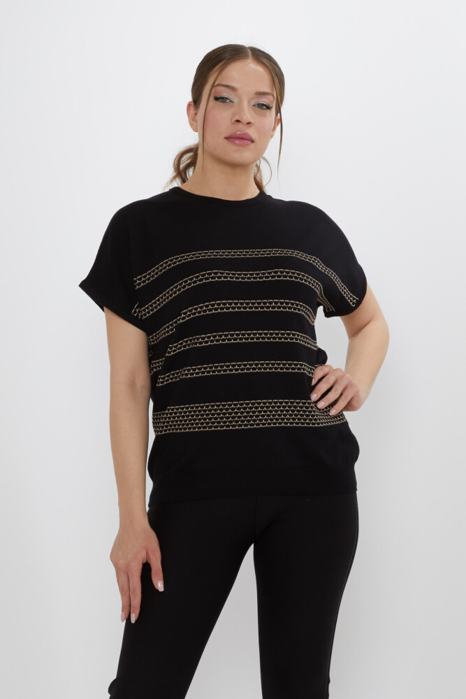 كنزة صوفية مطرزة، أسود-بيج - 31707 | كازي (طقم من 3 قطع M-L-XL) - 2