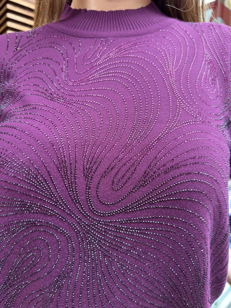 كنزة صوفية محبوكة مزينة بالأحجار، بنفسجي - 32065 | كازي (طقم من 3 قطع L-XL-2XL) - 5