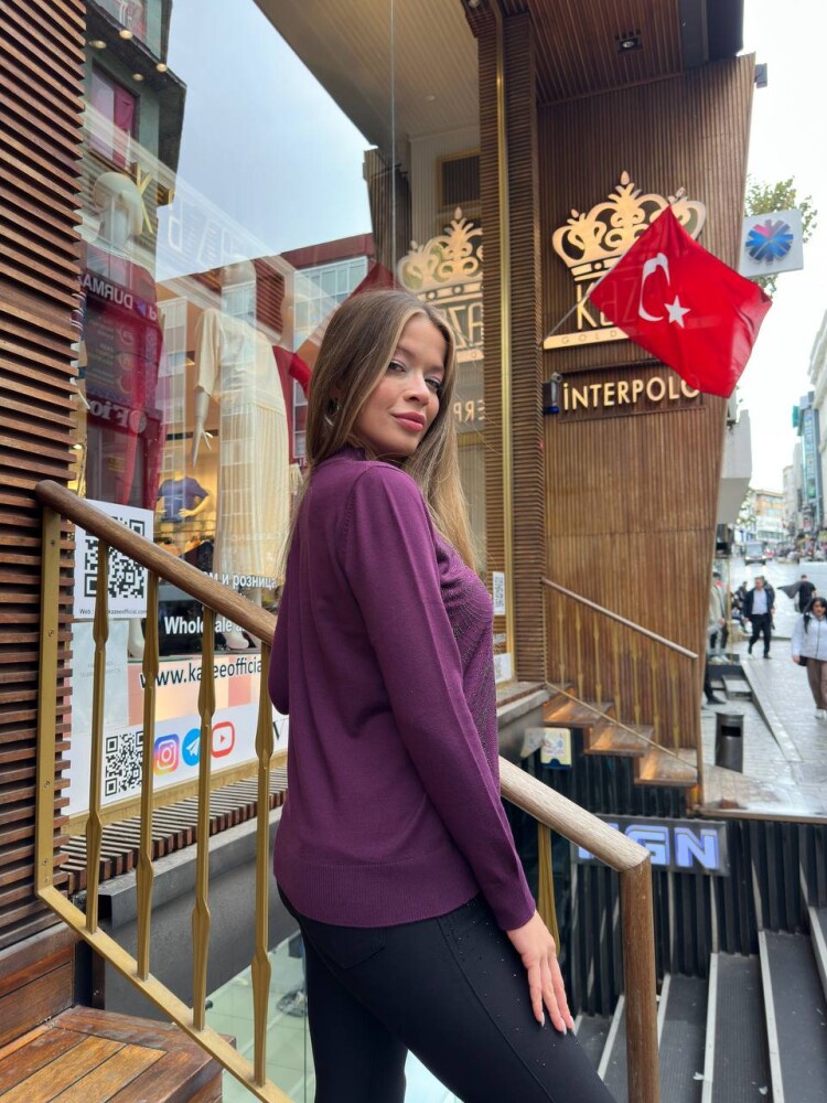 كنزة صوفية محبوكة مزينة بالأحجار، بنفسجي - 32065 | كازي (طقم من 3 قطع L-XL-2XL) - 6